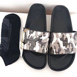 Mission  Men's Gray  Camo Slides Sandals Size 8 To 9  New Tags +  Socks